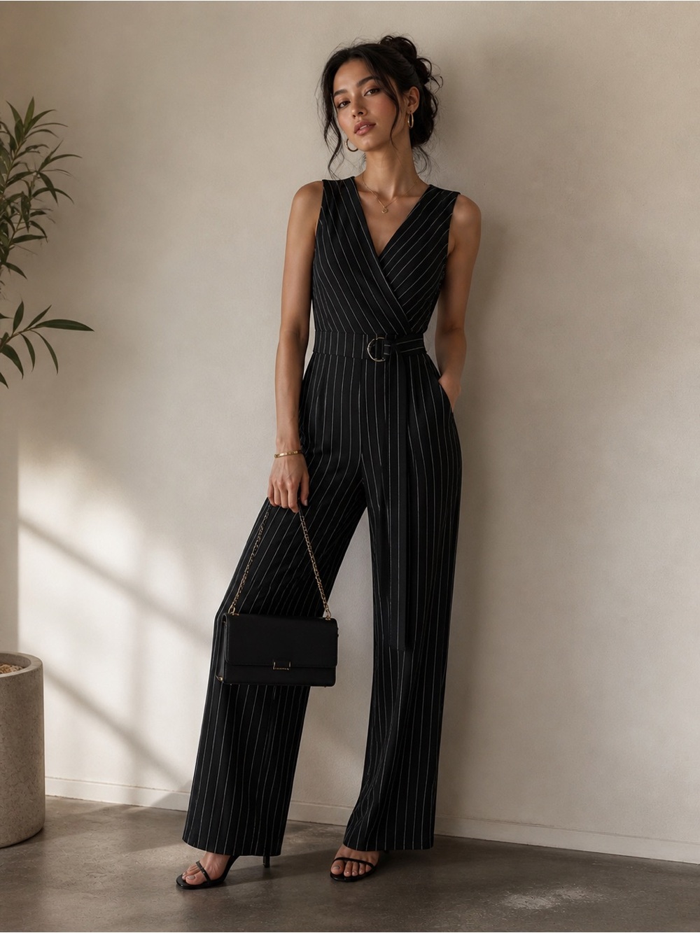 Joseph Ribkoff Black And White Stripe Wide-Leg Sleevelessu Jumpsuit Size 10